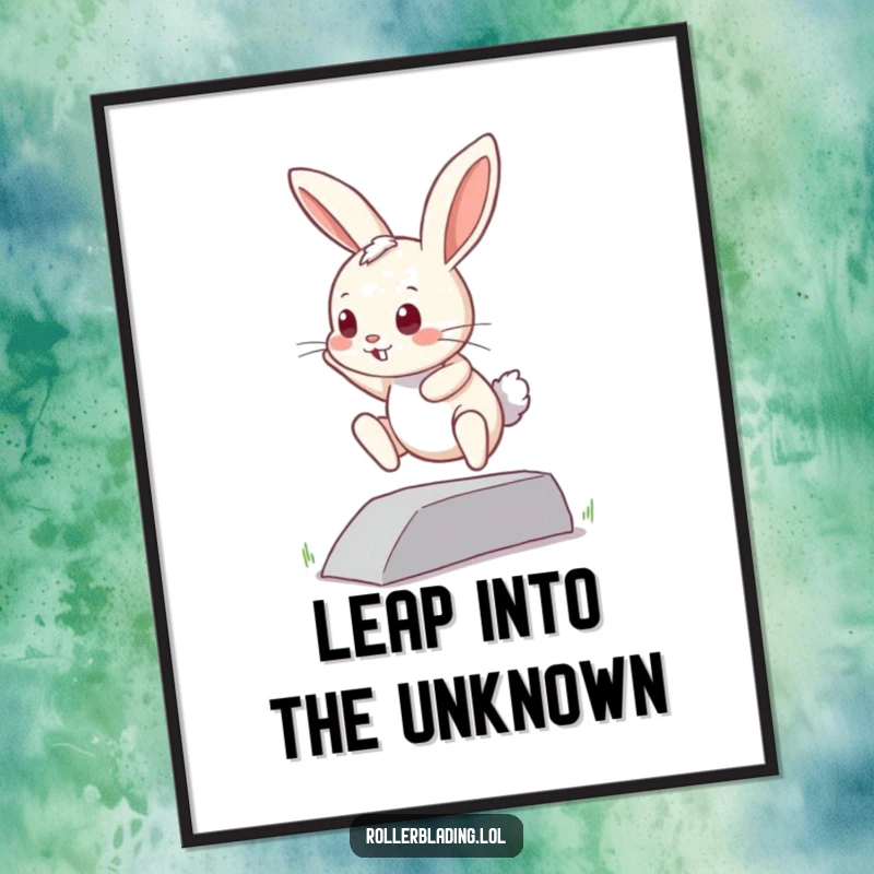 Funny free printable wall art of a curious bunny poised to jump off a small curb, full of playful intent.