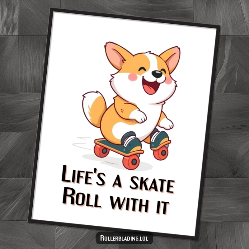 Funny Free Printable Wall Art: A bouncy corgi in roller skates, joyfully zooming around!