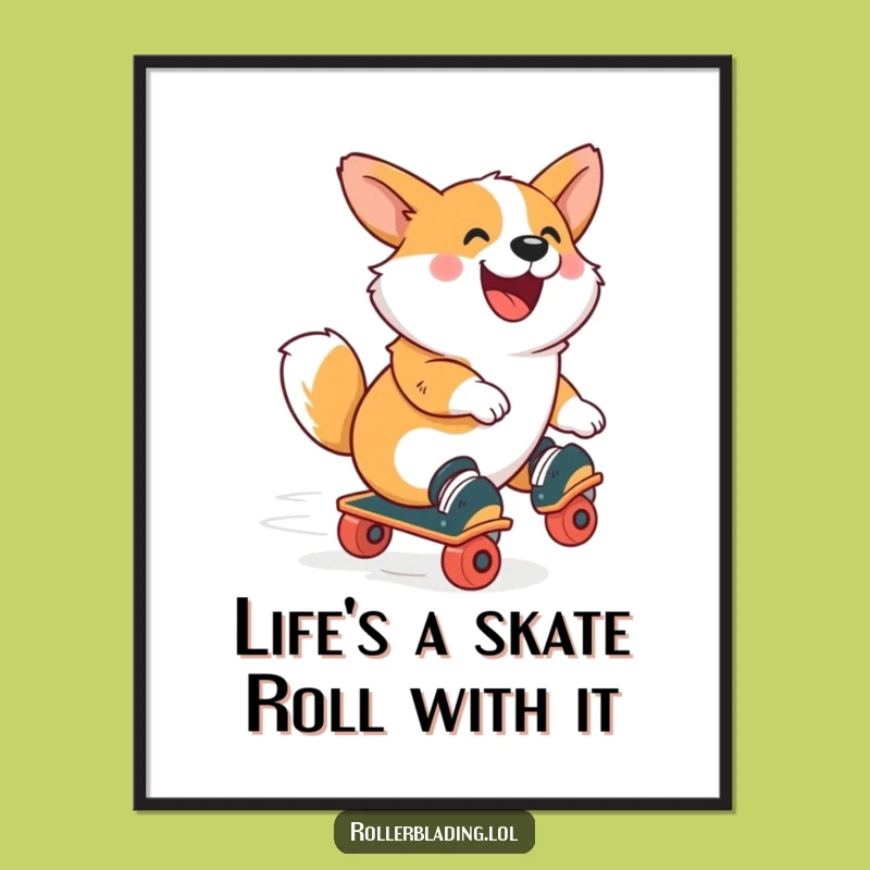 Free Printable Corgi Roller Skate Wall Art Funny Downloadable Decor Gift