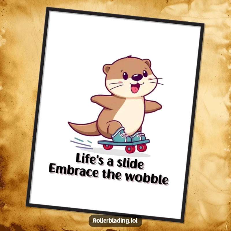 Funny Free Printable Wall Art: A playful otter performs a wobbly slide on roller skates, full of joy!