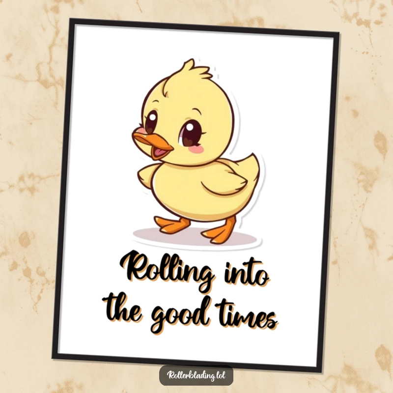 Funny Free Printable Wall Art: Little duck rolling forward with determined eyes, a humorous piece for any wall.