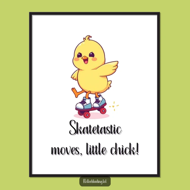 Free Printable Wall Art. Funny Chick Roller Skating Jump. Hilarious Downloadable Decor.