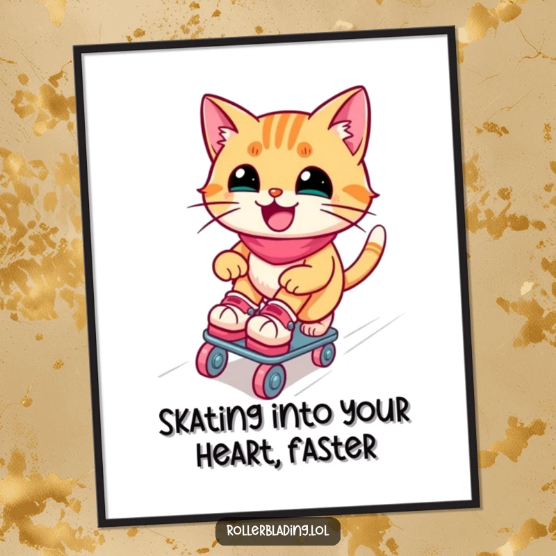 Funny free printable wall art depicting a joyful cat expertly gliding down a ramp on roller skates, radiating pure fun.