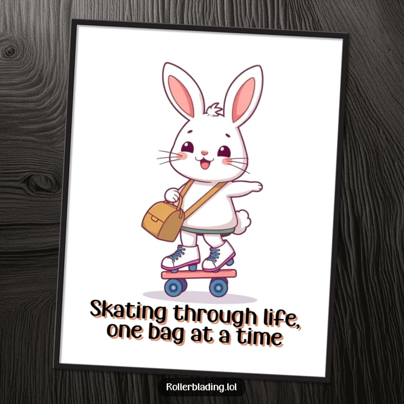 Funny Free Printable Wall Art: A determined, smiling bunny masterfully balances on roller skates, bag in hand, adding comedic flair to your walls.