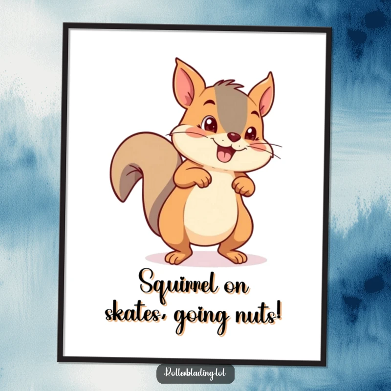 Funny free printable wall art of a mischievous squirrel intensely pushing off with both feet on roller skates, ready to zoom.