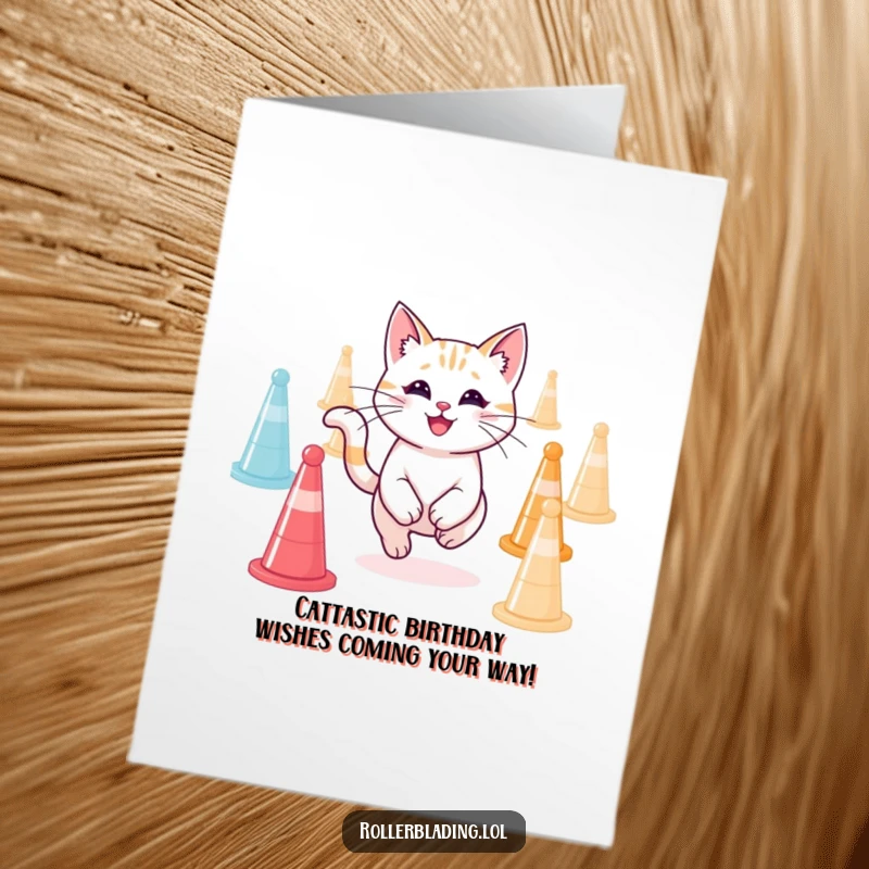 Funny Free Printable Birthday Card: A joyful cat masterfully navigates a cone agility course, looking thrilled. A perfect DIY humor gift.