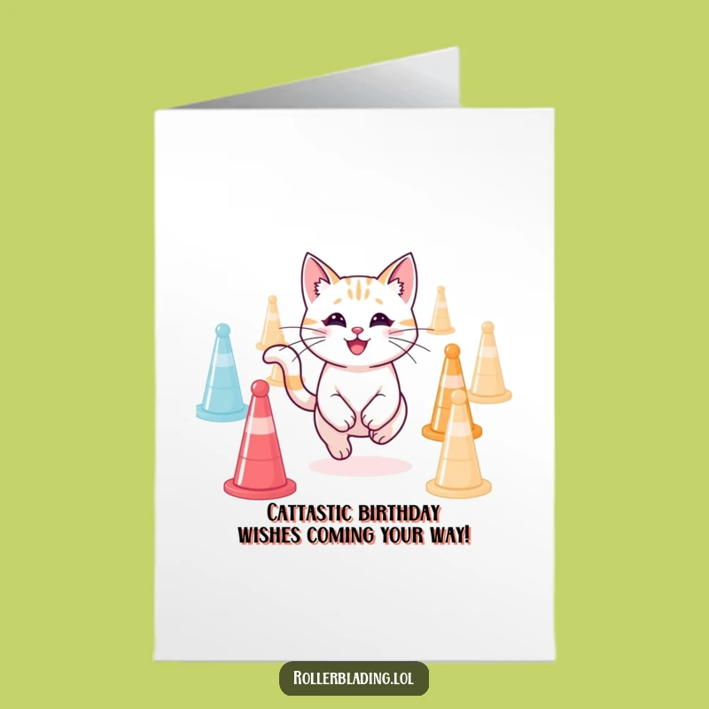 Funny Free Printable Birthday Card: Agile Cat Dodging Cones - Hilarious Downloadable Gift