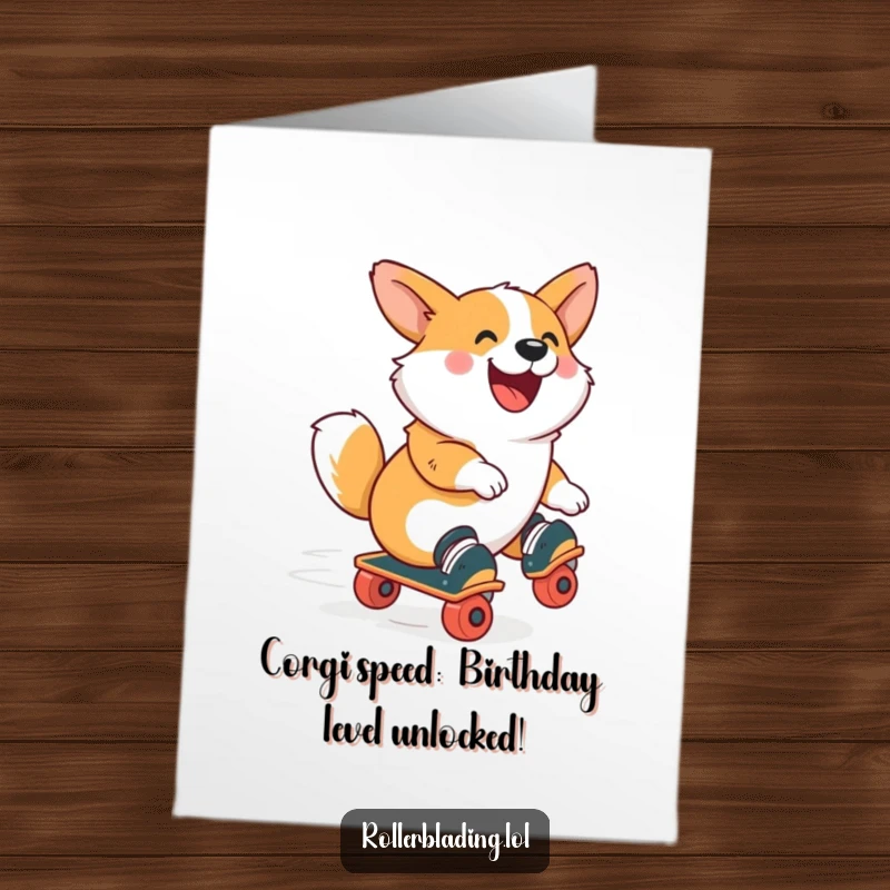 Funny Free Printable Birthday Card: A happy corgi zooms on roller skates, ready to party!