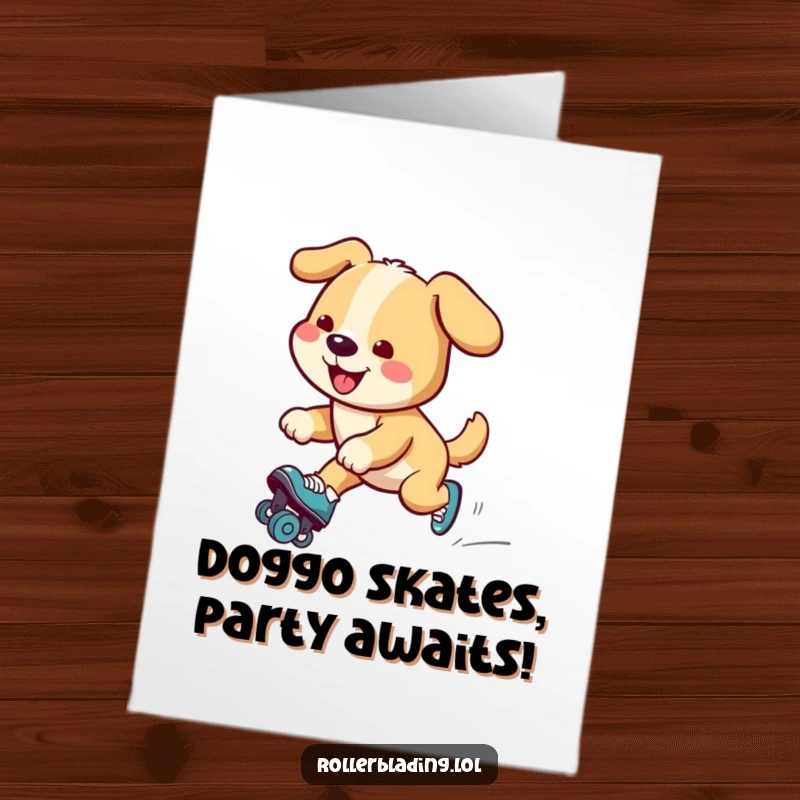 Funny Free Printable Birthday Card: Smiling dog gracefully gliding on roller skates, bringing birthday cheer and laughter.