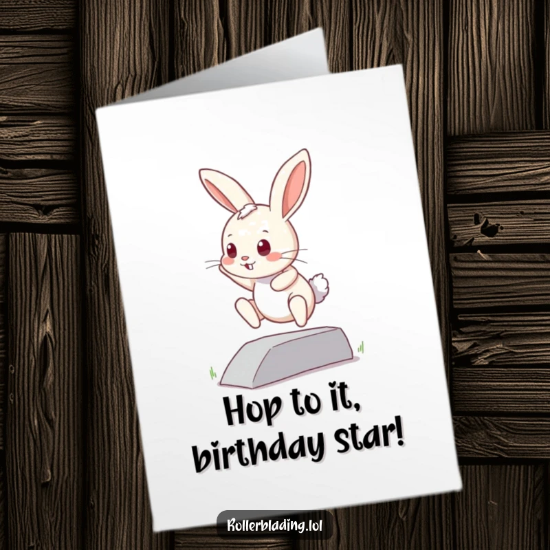 Funny free printable birthday card showing a curious bunny bravely attempting a jump off a small curb, full of determination.