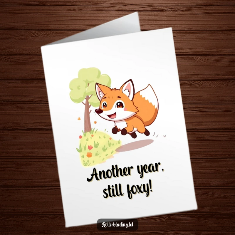 Funny free printable birthday card showing a playful fox with a wide grin speeding down a path, leaving a trail of joy.