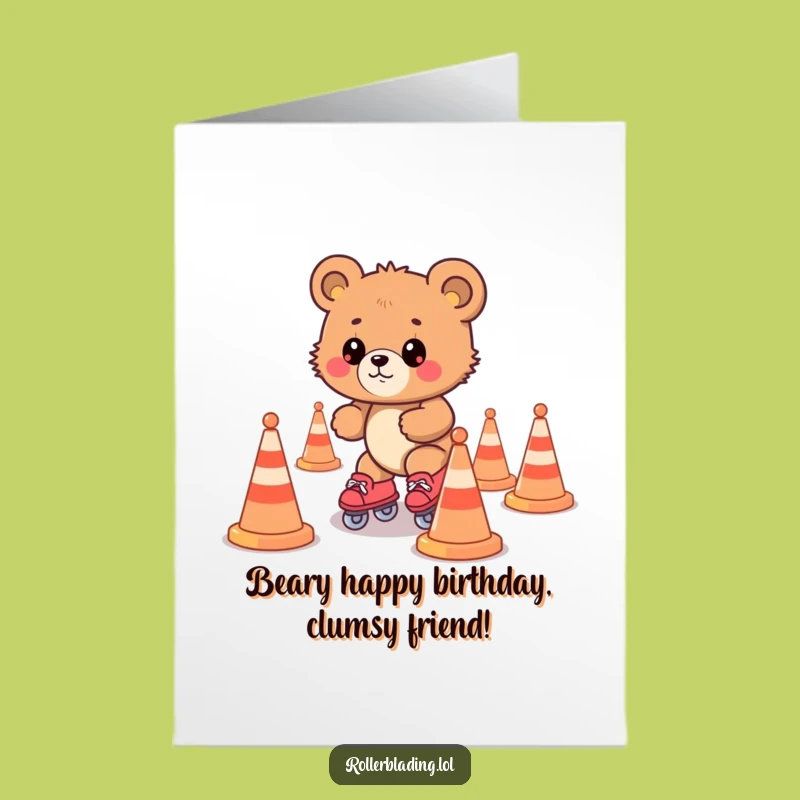 Free Printable Birthday Card: Funny Bear Cub Roller Skating Mishap Downloadable
