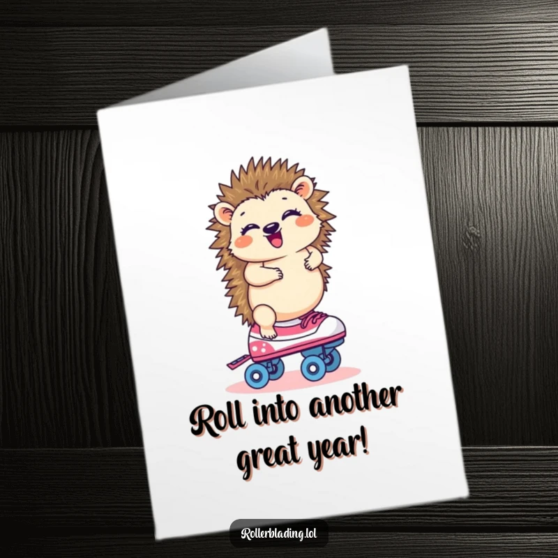Funny free printable birthday card of a giggling hedgehog precariously balancing on a single roller skate, looking delighted.