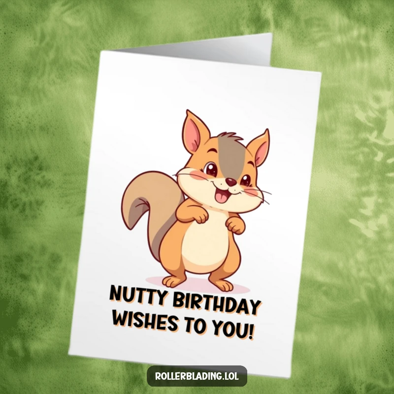 Funny free printable birthday card of a mischievous squirrel pushing off vigorously with both feet on roller skates.