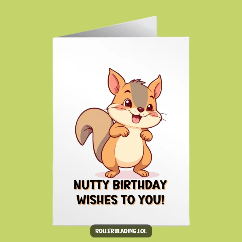 Free Printable Birthday Card. Funny Squirrel Roller Skating Start. Hilarious Downloadable Gift.