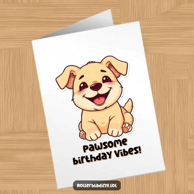 Funny Free Printable Birthday Card featuring a delighted puppy rolling joyfully with a massive, cheerful grin.
