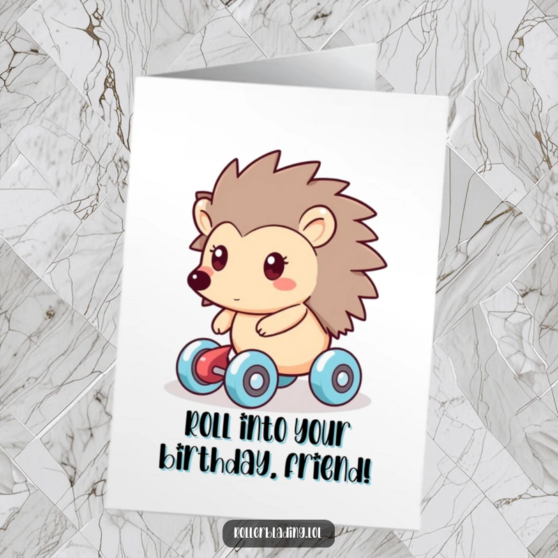 Funny Free Printable Birthday Card: A friendly hedgehog smoothly gliding on roller skates with a happy expression.