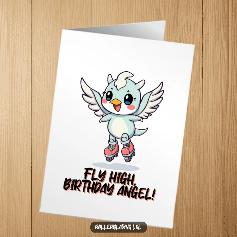 Funny Free Printable Birthday Card: A cheerful, winged creature executes a thrilling speed turn on roller skates, celebrating with energetic joy.