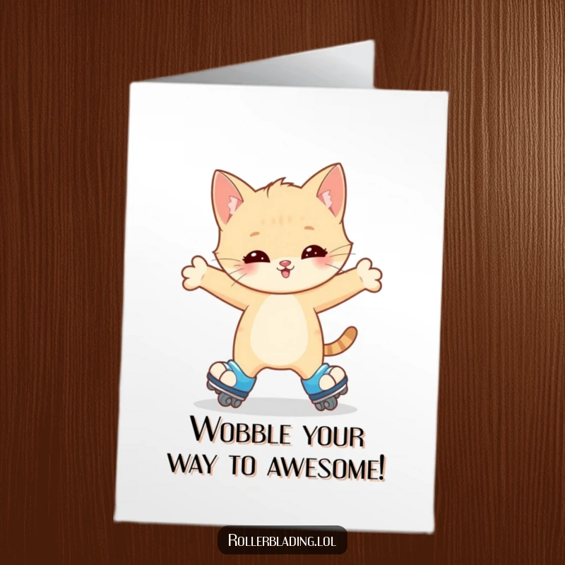 Funny Free Printable Birthday Card: Happy kitten wobbling slightly on roller skates, arms outstretched for balance, celebrating a birthday with adorable charm.