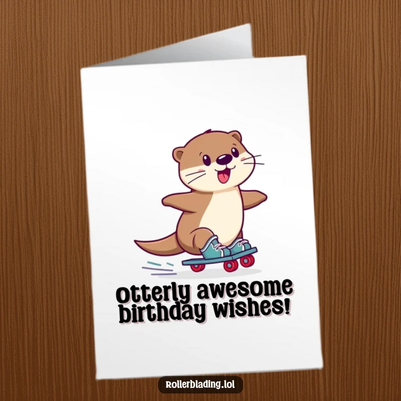 Funny Free Printable Birthday Card: A playful otter wobbly slides on roller skates, ready to party!