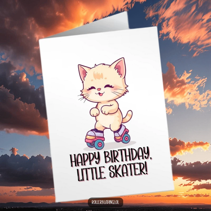 Funny Free Printable Birthday Card: A kitten joyfully wobbling on roller skates, ready for birthday fun.