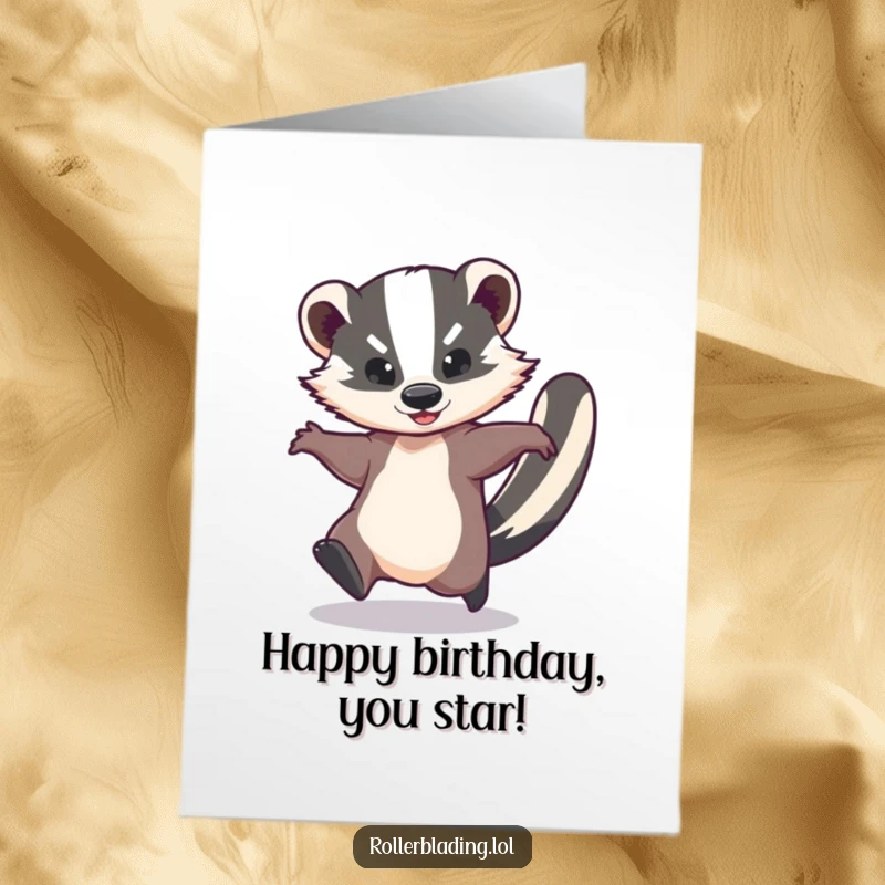 Funny Free Printable Birthday Card: A graceful badger is captured mid-spin at impressive speed with a smile.