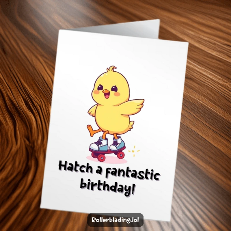 Funny free printable birthday card of a cheerful chick attempting a jump while wearing roller skates, ready to party.