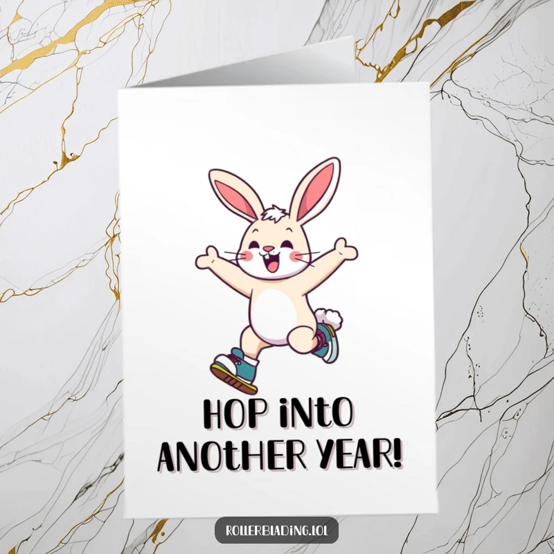 Funny Free Printable Birthday Card: Cheerful bunny jumping playfully on roller skates, celebrating a birthday with energy.