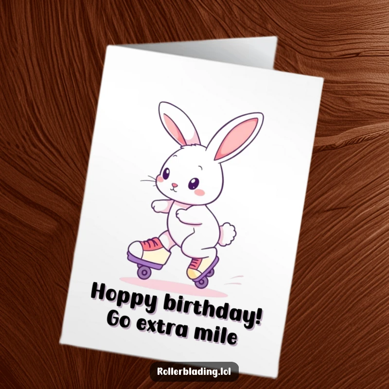 Funny Free Printable Birthday Card: Curious rabbit gliding smoothly on roller skates, spreading joy. Ideal for laughs.