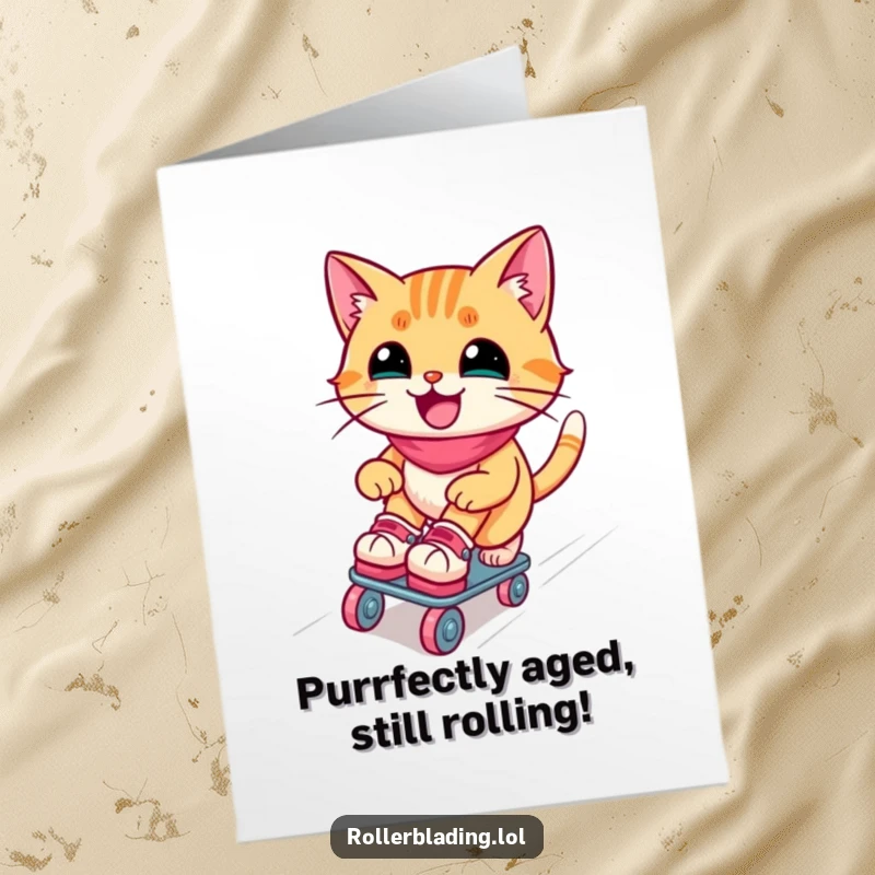 Funny free printable birthday card with a joyful cat gracefully skating down a ramp on roller skates, ready to party.