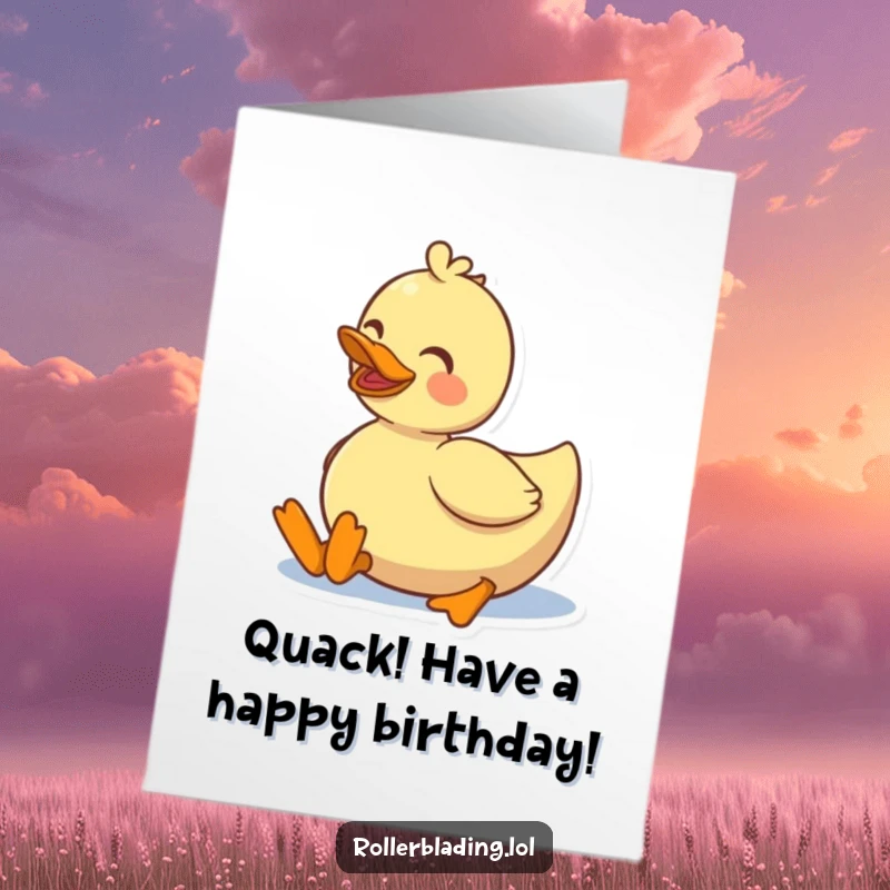 Funny free printable birthday card of a delighted duck rolling smoothly on roller skates with a huge happy smile.