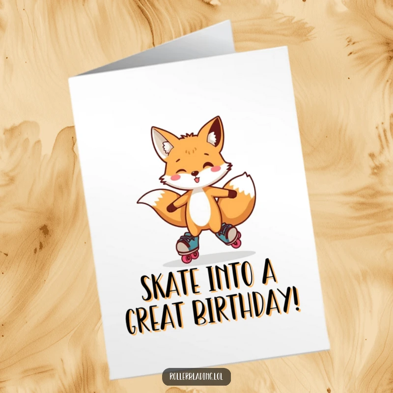 Funny Free Printable Birthday Card: Playful fox in mid-hop on roller skates, celebrating a birthday with foxy energy.