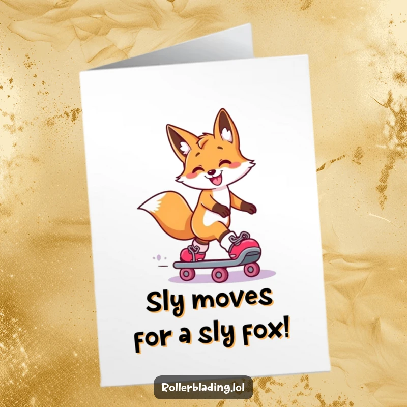 Funny Free Printable Birthday Card: Smiling fox doing a dramatic slide on roller skates, one leg extended, celebrating a birthday with effortless cool and style.