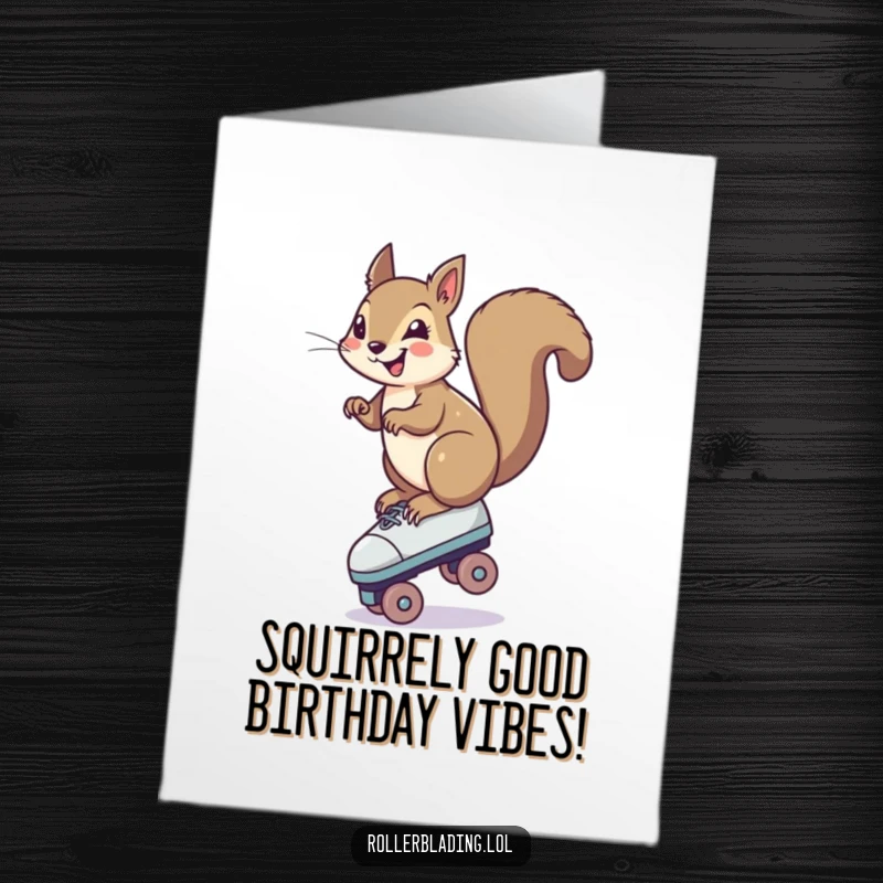 Funny Free Printable Birthday Card: A smiling squirrel wobbles on one roller skate, ready for fun!