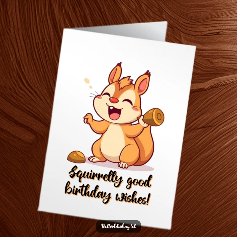 Funny Free Printable Birthday Card featuring a hyperactive squirrel yelling joyfully while carving a sharp turn.