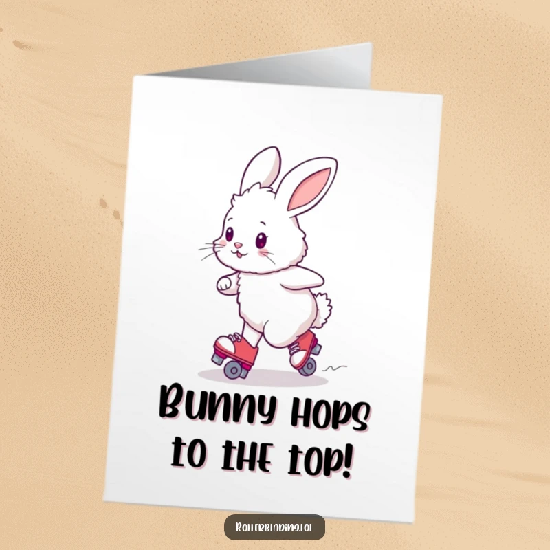 Funny free printable congratulations card of a fluffy bunny wobbling dramatically while attempting a turn on roller skates.