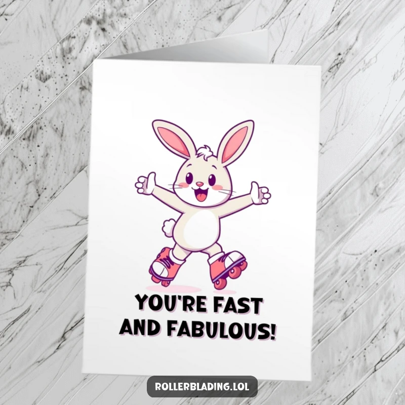 Funny Free Printable Congratulations Card: Cheerful bunny on roller skates zooming forward, arms pumping, celebrating a victory with exhilarating speed and happiness.