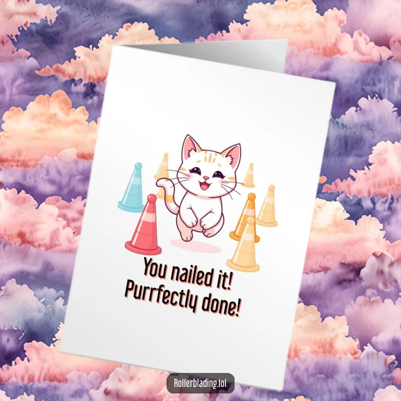 Funny Free Printable Congratulations Card: A smiling cat speeds through agility cones, a true champion celebrating success. Hilarious and unique.
