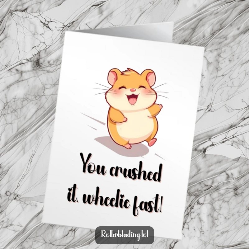 Funny Free Printable Congratulations Card: Giggling hamster speeds downhill, celebrating success with downloadable art.