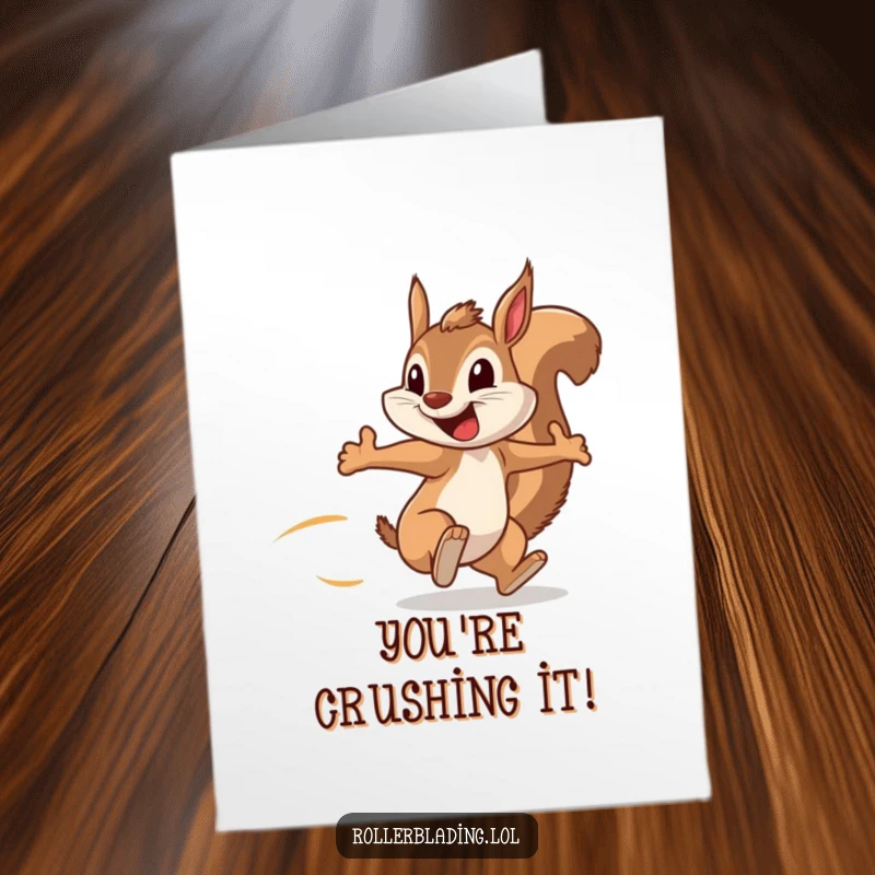Funny Free Printable Congrats Card with a squirrel speeding along, arms pumping, and a big grin, an excellent downloadable gift.