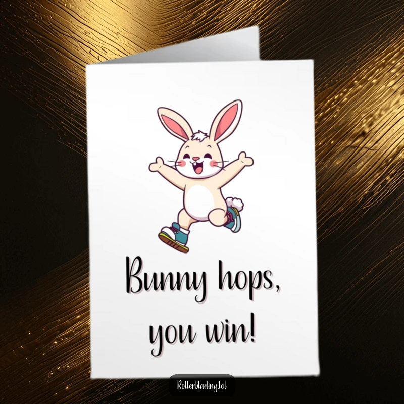Funny Free Printable Congratulations Card: Playful bunny leaping mid-air on roller skates, congratulating triumphs.