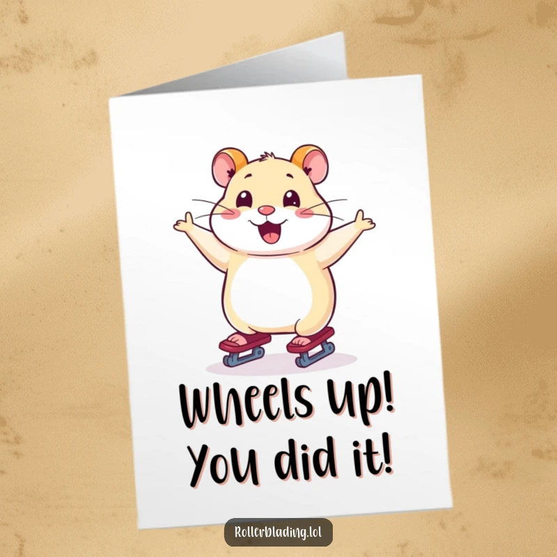 Funny Free Printable Congratulations Card: A smiling hamster skates with arms gracefully outstretched, celebrating a big win.