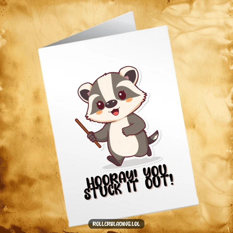 Free printable congratulations card featuring a proud badger cruising with a stick, a symbol of awesome achievement.