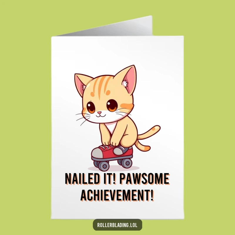 Free Printable Congrats Card: Cat on Roller Skates Achieving Balance Downloadable