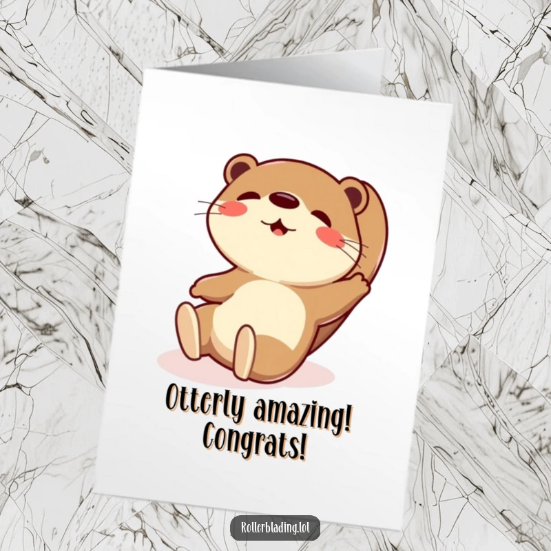 Funny Free Printable Congrats Card: A playful otter performs an exaggerated slide, celebrating a big win with wild abandon and a huge smile.