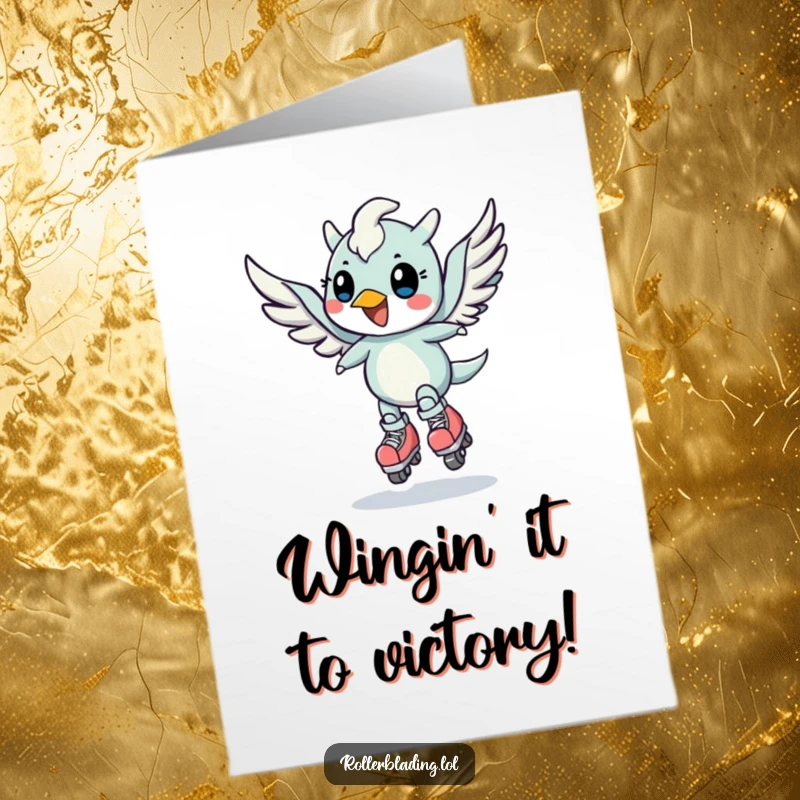 Funny Free Printable Congratulations Card: A cheerful winged creature performs a daring speed turn on roller skates, signifying a remarkable accomplishment.