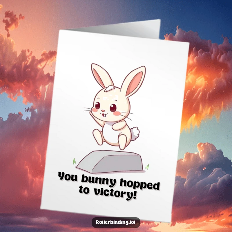 Funny free printable congratulations card of a curious bunny bravely attempting a jump off a curb, celebrating boldness.
