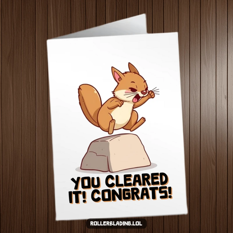 Funny Free Printable Congratulations Card: A squirrel executes a daring jump over a small ramp, celebrating victory.