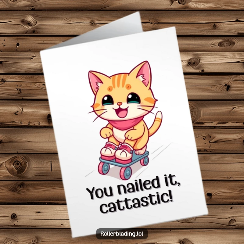 Funny free printable congratulations card featuring a joyous cat in roller skates mastering a ramp with a triumphant grin.