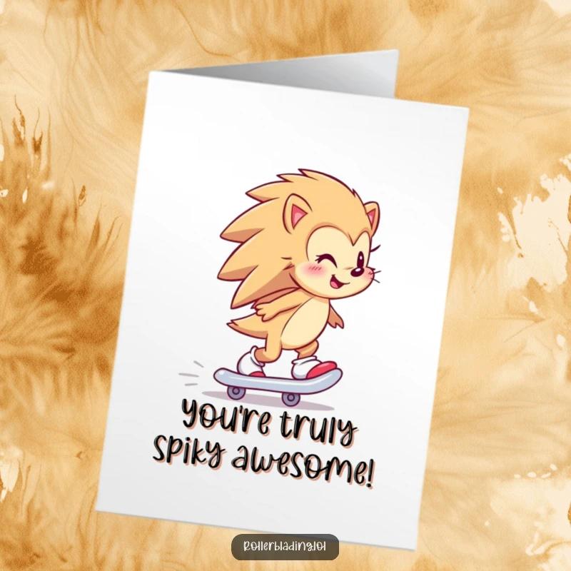 Funny Free Printable Congratulations Card: A happy hedgehog smiling while skating backward, celebrating an achievement.